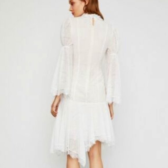 New* BCBGMAXAZRIA Lace Asymmetric Ruffle Slit Sleeve Dress Ivory Size 6 $598 - Picture 2 of 9